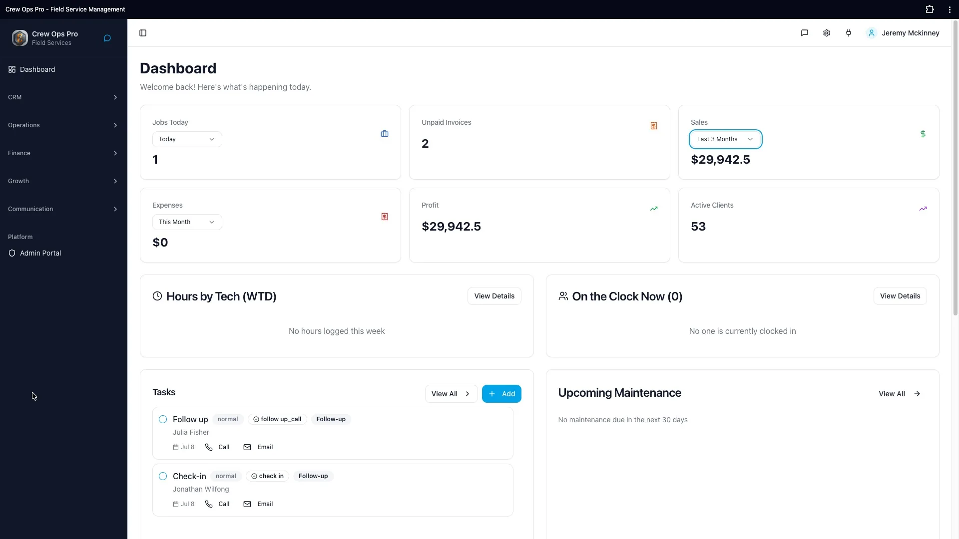 CrewOpsPro dashboard showing jobs, invoices, sales, profit, active clients, hours by tech, and tasks in one connected system