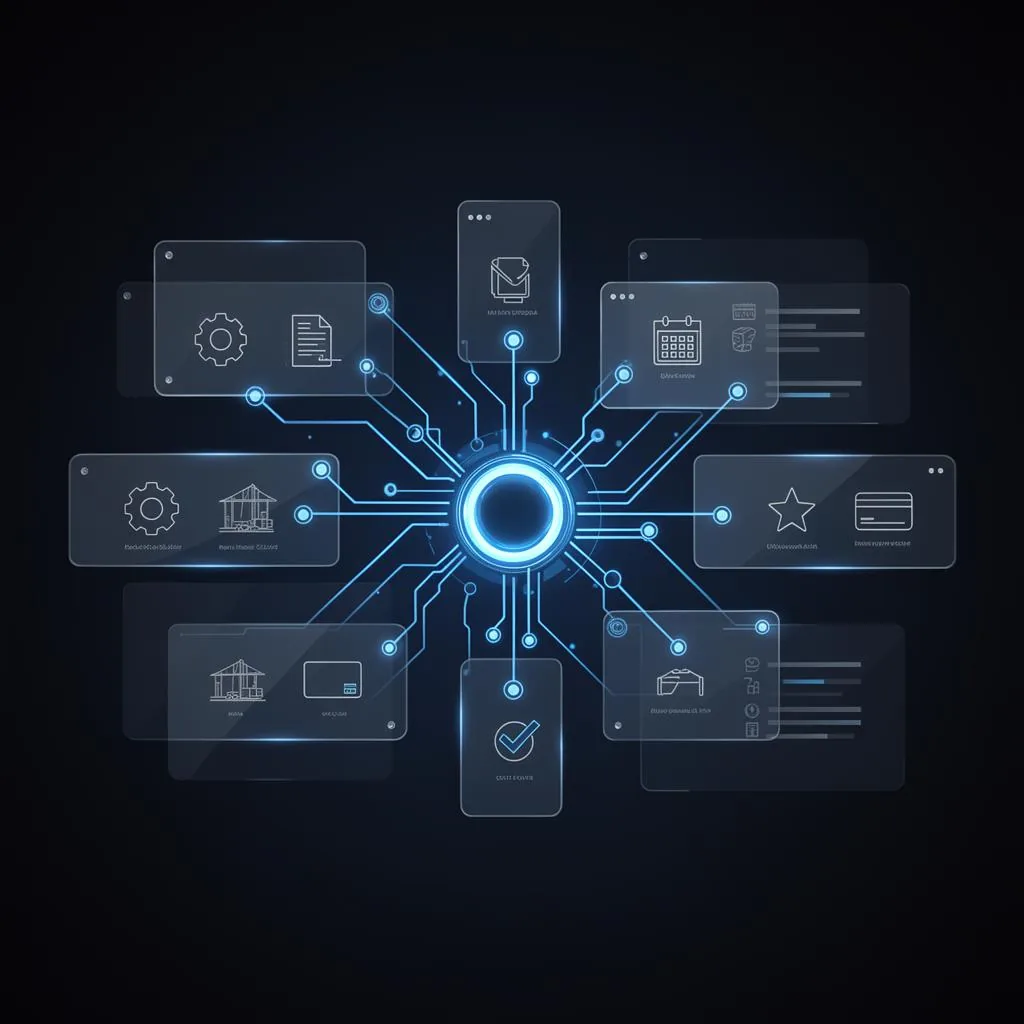 Modular contractor operating system showing connected workflow cards for lead capture, follow-up, payments, scheduling, reviews, and job closeout
